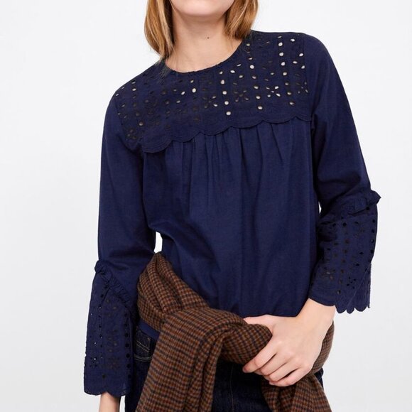 Navy Blue Zara Eyelet Ruffle Sleeve Blouse (NWT) - Picture 1 of 6